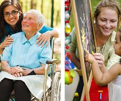 2 images - one of a agedcare worker and the other of a childcare worker