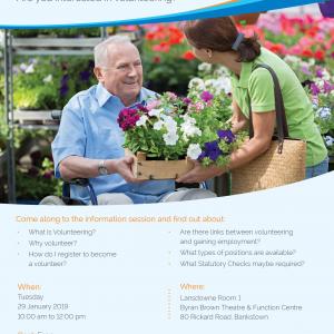 Copy of the promotional flyer which includes a man in a wheelchair and a woman talking over a box of seedling plants