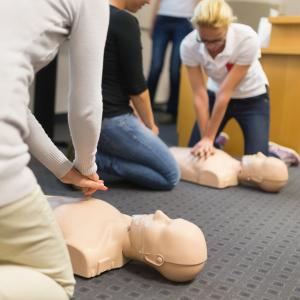 Provide Cardiopulonary Resuscitation (HLTAID001) and First Aid (HLTAID003) Image of Students doing CPR on Training aids.