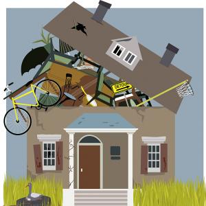 Illustration of a house's roof exploding from hoarding