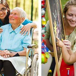 two images of a woman helping an elderly person and the second of a woman smiling with a child who is painting